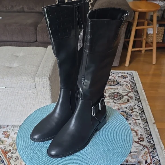 St. John's Bay Sleek Black Over the Knee Boots with a buckle accent - Picture 2 of 14